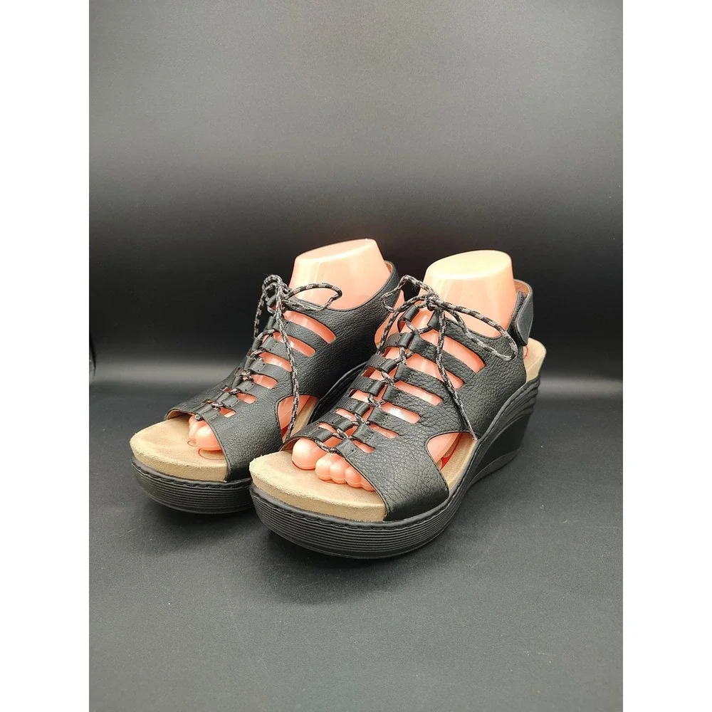 Bionica Black Leather Lace Up Wedge Sandals Womens 10 M 4552201 Platform Cutout